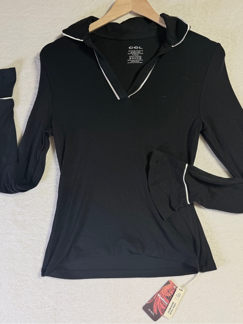 OGL Black Long-Sleeve Polo Top with White Piping
